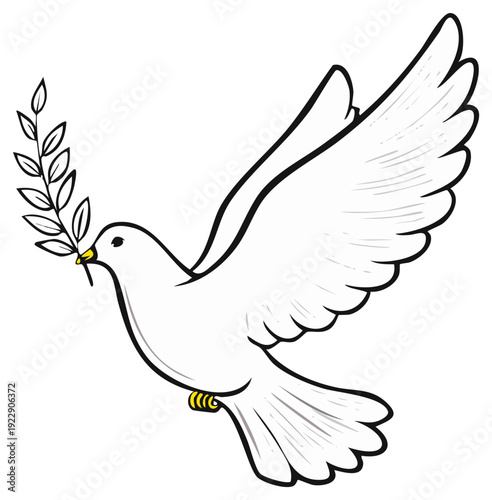 A white dove with an olive branch in its beak symbolizes peace and hope in flight
