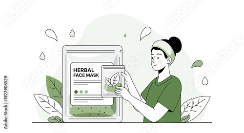 Woman with Herbal Face Mask Packaging, Natural Skincare Illustration