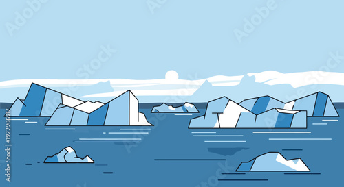 Arctic Ocean Landscape with Floating Icebergs and Distant Mountains