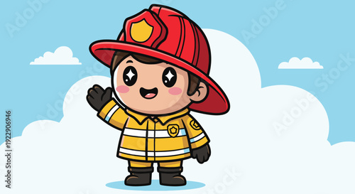 Adorable Little Firefighter Cartoon Character Waving with Joyful Smile