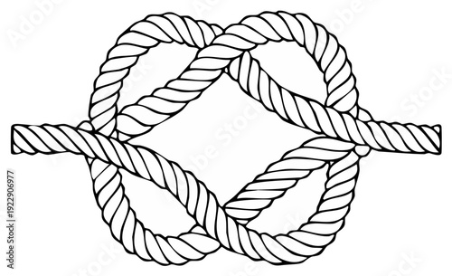 Detailed black and white illustration of a securely tied square knot on a rope.