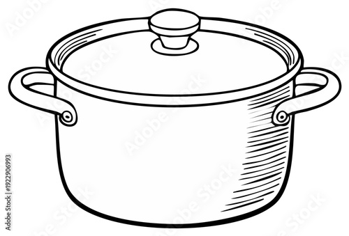 Simple black and white illustration of a cooking pot with a lid and handles kitchenware drawing