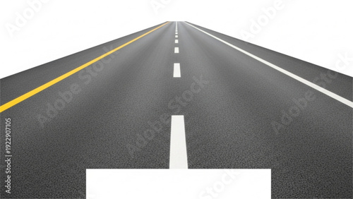 Straight asphalt road with yellow and white lines, disappearing into the distance on a white background, journey and travel concept.