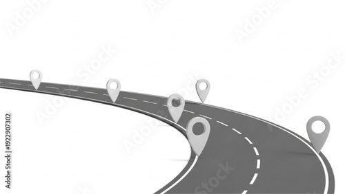A winding asphalt road marked with GPS pin icons, symbolizing a journey or travel route on white.