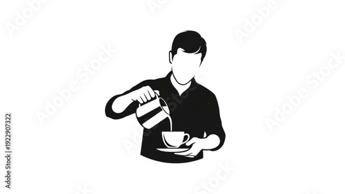 Stylized silhouette illustration of a barista pouring milk into a coffee cup, clean black and white graphic design.