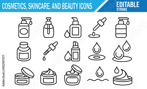 Editable Stroke Cosmetics Vector Illustrations of Bottles and Jars