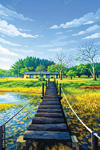 Peaceful Scenic Landscape Vector Illustration Featuring a Rustic Wooden Bridge Over a Calm River Leading to a Traditional House Surrounded by Lush Green Trees and a Bright Blue Cloudy Sky.