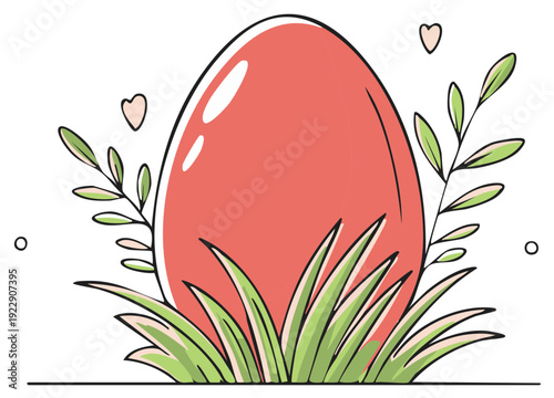 Simple illustration of a bright red Easter egg nestled amongst green grass and small branches