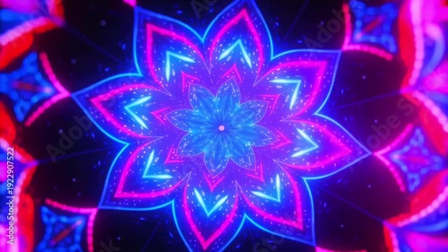 Vibrant neon mandala kaleidoscope with fast rotation, zoom pulse and glowing psychedelic symmetry