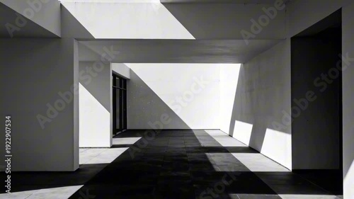 Brutalist white corridor with dramatic moving shadows and forward camera motion, abstract architectural background