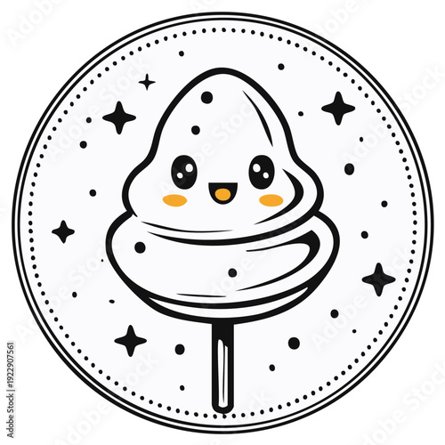 Kawaii Cotton Candy Badge Illustration with Stars Fun Fair Sweet Food Treat Icon in Circle Emblem