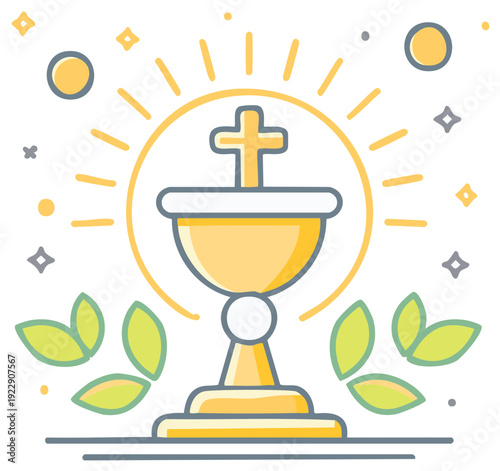 Religious symbol of gold chalice with cross and olive leaves illustration