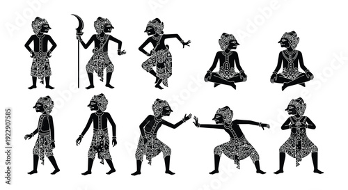 Silhouettes of wayang kulit shadow puppets in various poses