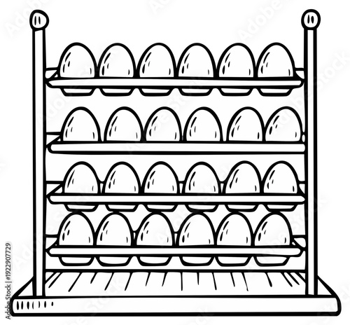 Hand drawn illustration of a multi-tiered egg rack filled with many oval eggs