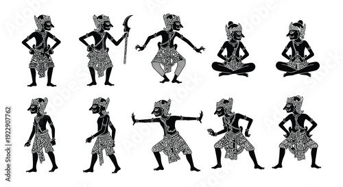 Silhouettes of wayang kulit shadow puppets in various poses