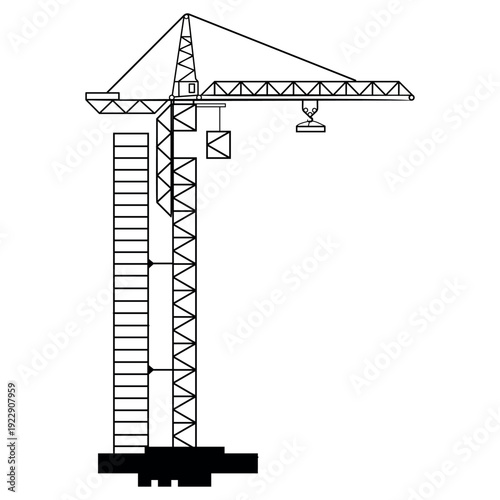 Outline vector illustration of a construction crane. Flat design engineering and architecture machinery concept