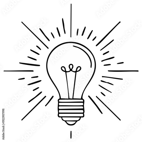 Illustration of a lightbulb radiating lines, symbol of idea, creation, thought.