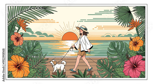Woman Walking Dog on Beach Boardwalk at Sunset with Tropical Flowers
