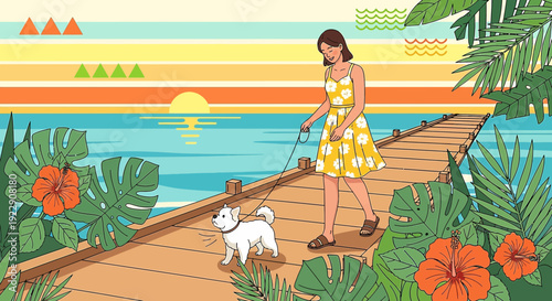 Woman Walking Dog on Pier at Sunset with Tropical Flowers