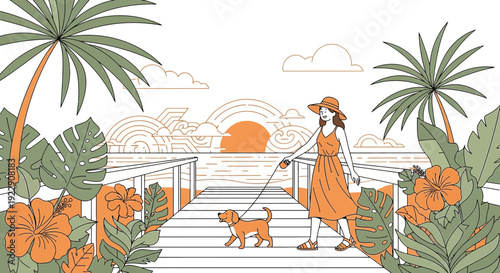 Woman Walking Dog on Beach Pier at Sunset, Tropical Paradise