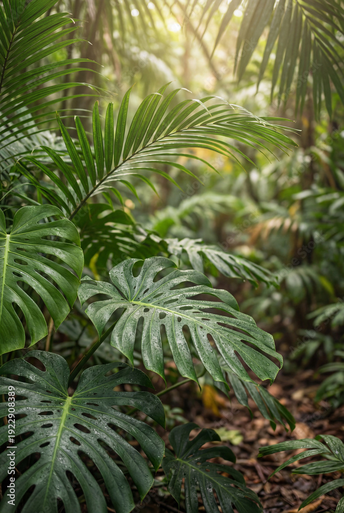 Fototapeta premium Green Tropical Leaves with Soft Sunlight Background