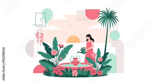 Woman watering fountain in tropical garden, flat design, pastel colors, summer vibes