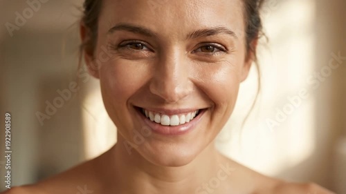 Close up Portrait of a Beautiful Woman with a Radiant Smile and Healthy Skin
