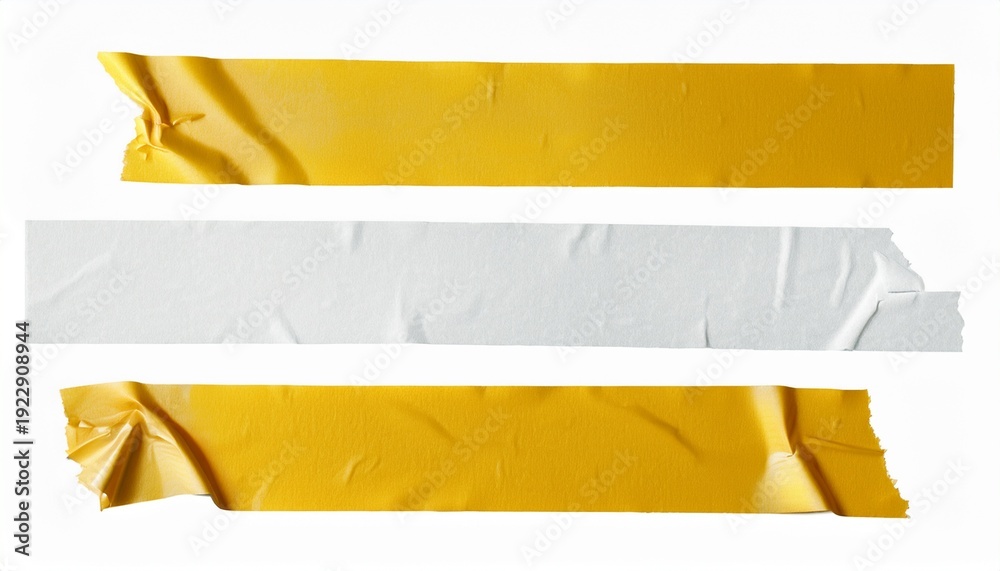 Obraz premium scotch tape sticky paper adhesive white and yellow pieces of stickers strip label torn old ripped stick masking stripes different length isolated on white background band
