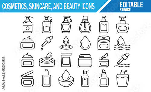 Cosmetics and Skincare Line Icons Vector Set with Editable Stroke