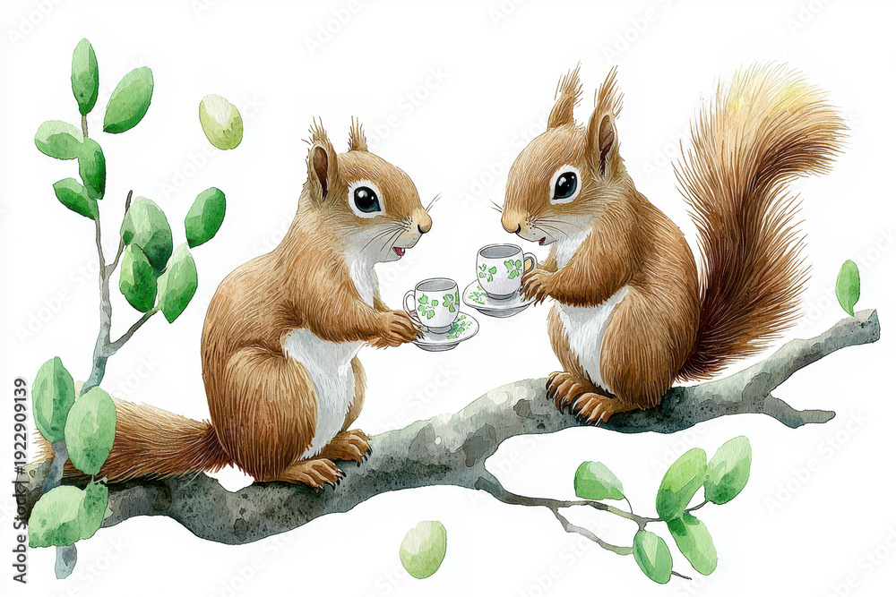 Obraz premium Watercolor squirrel tea party branch leaf cup watercolor illustration cute animal squirrel tea party tree branch green leaf teacup woodland