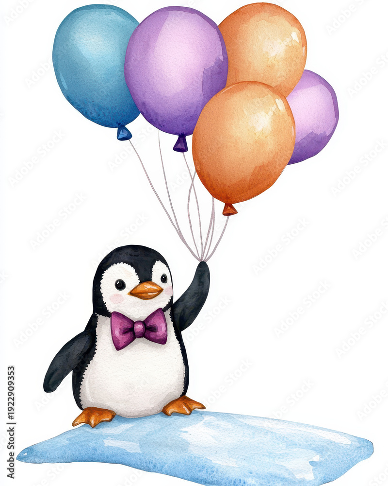 Obraz premium Watercolor penguin cute animal bow tie colorful balloon happy mood ice block cartoon style children illustration winter art playful scene