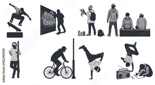 A collection of grayscale vector silhouettes depicting various urban activities and youthful energy high quality professional detailed modern elegant