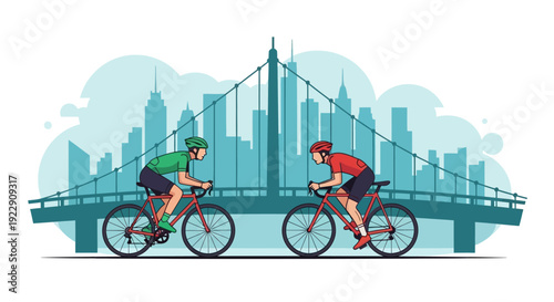 Two cyclists in vibrant athletic wear race across a bridge with a city skyline backdrop high quality professional detailed