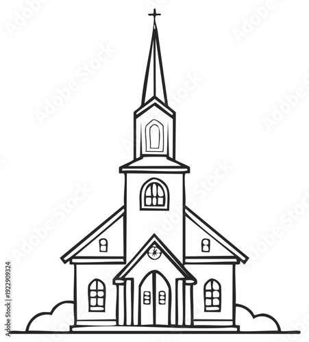 Black and white illustration of church building with steeple, cross, doors, and windows.