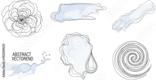 Abstract line art elements include a complex flower shape, wavy watercolor smudges, and a tight spiral on a white surface.