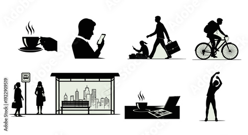 A collection of simplistic black silhouettes depicts various daily activities including commuting working and leisure high quality professional detailed