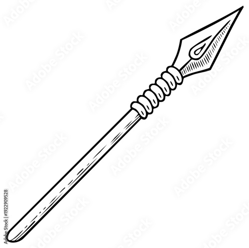 Line art illustration of a spear with a decorative handle for hunting or warfare.
