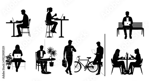 A collection of black silhouettes depicts individuals engaged in various remote work and leisure activities outdoors high quality professional