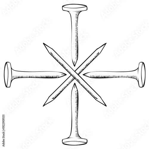 Christian cross symbol of the crucifixion made from ancient forged nails line art