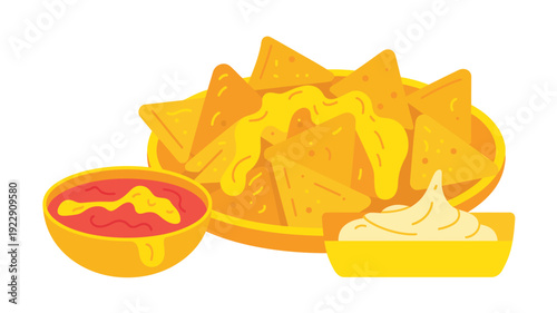 Colorful Mexican nachos platter with fresh salsa guacamole and cheese dip flat vector illustration food background