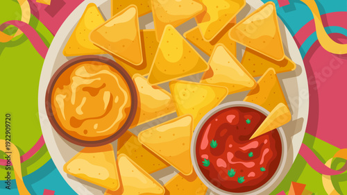 Top view vector illustration of golden nachos with cheese and salsa dips on colorful background for party snack food concept