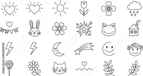 Cute doodle outline icons set featuring hearts, sun, moon, flowers, animals and smiling faces, playful hand drawn vector collection for kids design, nursery and decoration