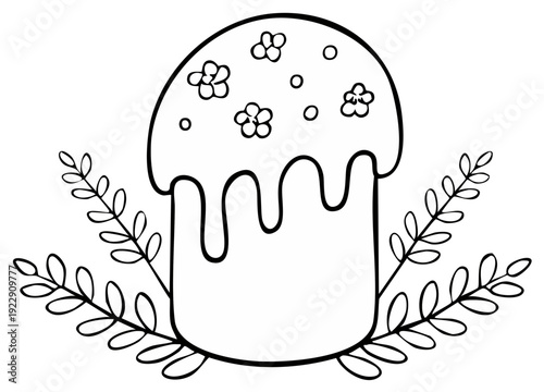 Black and white illustration of a decorated Easter cake surrounded by sprigs