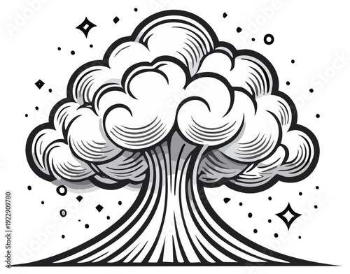 Monochrome mushroom cloud eruption with swirling smoke and stars evokes disaster and power