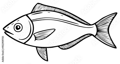 Simple black and white line drawing of a fish with fins and tail clearly defined