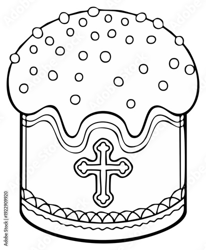 Black and white line art drawing of a decorated Easter cake with a cross ornament and sprinkles