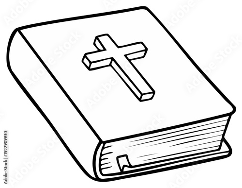 Black and white line art illustration of the Holy Bible with a Christian cross on the cover.