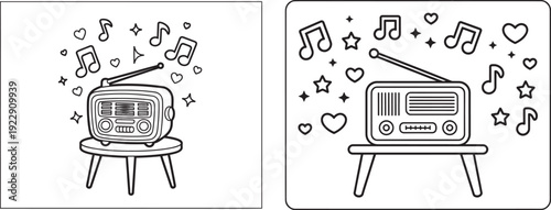 Vintage radio playing music and hearts, retro style illustration, black and white outline graphic