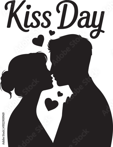 Black silhouette couple kissing with hearts and Kiss Day text above white desig