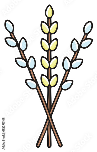 Stylized pussy willow branches with yellow and blue catkins arranged as a springtime bundle
